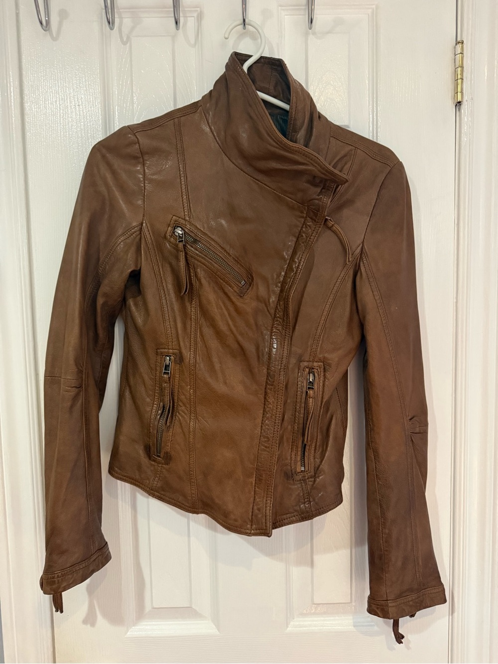 Danier Cognac Brown Leather Asymmetric Zip Jacket